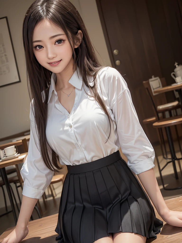 (8k, RAW Photos, Highest quality, masterpiece:1.2), (Realistic, photo-Realistic:1.4), (Highly detailed 8K wallpapers), ((Full Body Shot)), ((((1 girl))), Sharp focus, Depth of written boundary, Cinematic lighting, Soft Light, 緻密な美しさのeye, eye_Chan, Very beautiful 17 year old girl, innocent big eyes, Realistic, photo Realistic, Highly detailed cute girl, (Thin thighs), (Model body type), 18-year-old, ((Stylish cafe uniform)), (Micro Mini Pleated Skirt), ((A happy smile)), Parted lips, Watching the audience, (Inside the cafe) , (Black Hair),(Semi-long hair)