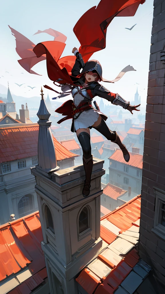 girl from Assassin's Creed jumping from roof to roof, in a hood, in black and red