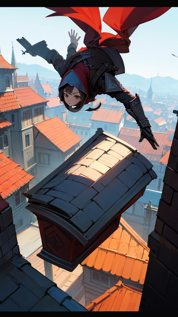 girl from Assassin's Creed jumping from roof to roof, in a hood, in black and red