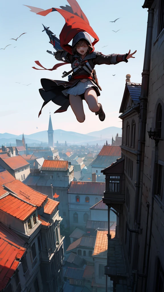 girl from Assassin's Creed jumping from roof to roof, in a hood, in black and red