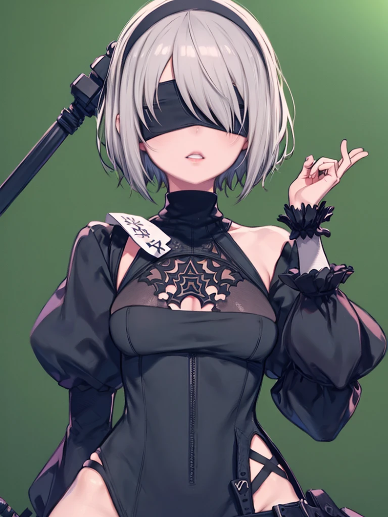 yorha no. 2 Type B, One girl, Wow, (Blindfold), chest, chestの谷間, chestの谷間 cutout, Clothing cutouts, Green background, Hair between the eyes, hair band, High resolution, Juliet Sleeve, Long sleeve, Nier (series), Nier automata,  Puff sleeves, Red lips, Shadowed face, short hair, alone, turtleneck, Upper Body, Gray Hair, null