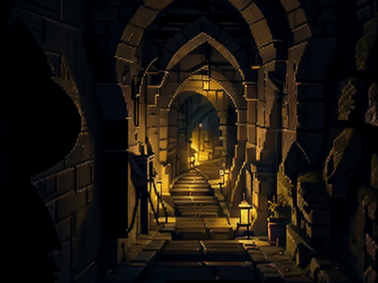 narrow passage, Low ceiling, dungeon, dungeon, dark, torch on the wall, tunel