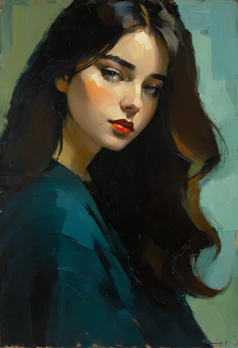Create an evocative oil painting inspired by Malcolm Liepke, based on the provided image. Capture the intense, introspective expression of the young subject using thick, Incorporate earthy tones, deep blues, and warm browns to create a harmonious and inviting composition. Highlight the emotional depth and vulnerability in the subject's gaze, emphasizing the play of light and shadow on their face. Maintain a simple, textured background that complements the subject's contemplative presence. Focus on the tactile quality of the oil paint to convey the raw emotion and intimacy characteristic of Liepke's style.