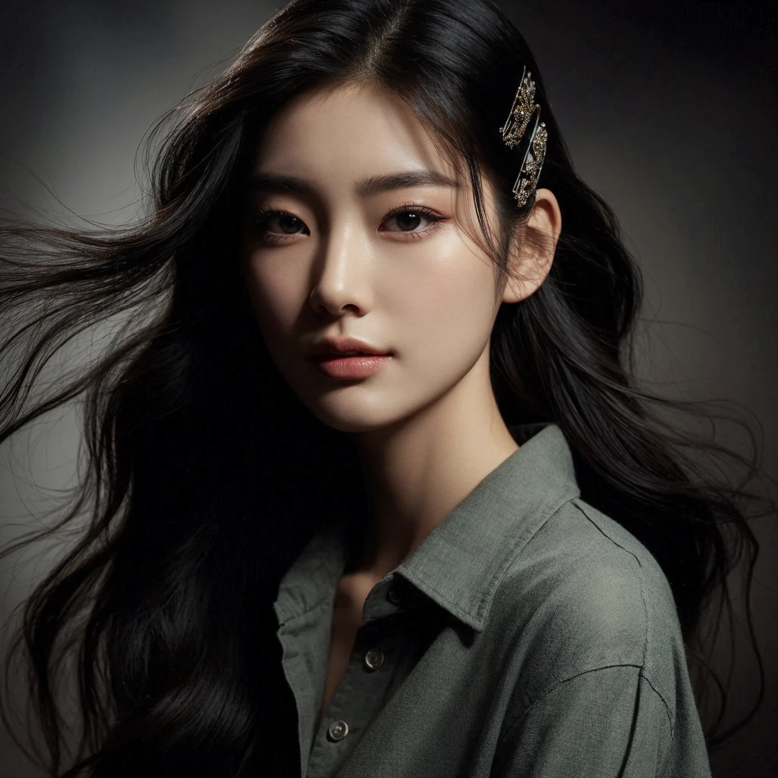 Create a portrait of a young korean woman with long, flowing black hair, set against a dark, smoky background. She is wearing a sage, button-up shirt and has a poised, elegant expression. The woman has a hairpin with intricate designs in her hair, adding a touch of sophistication to her look. The lighting is soft and dramatic, highlighting her facial features and creating a sense of depth and mystery in the composition.