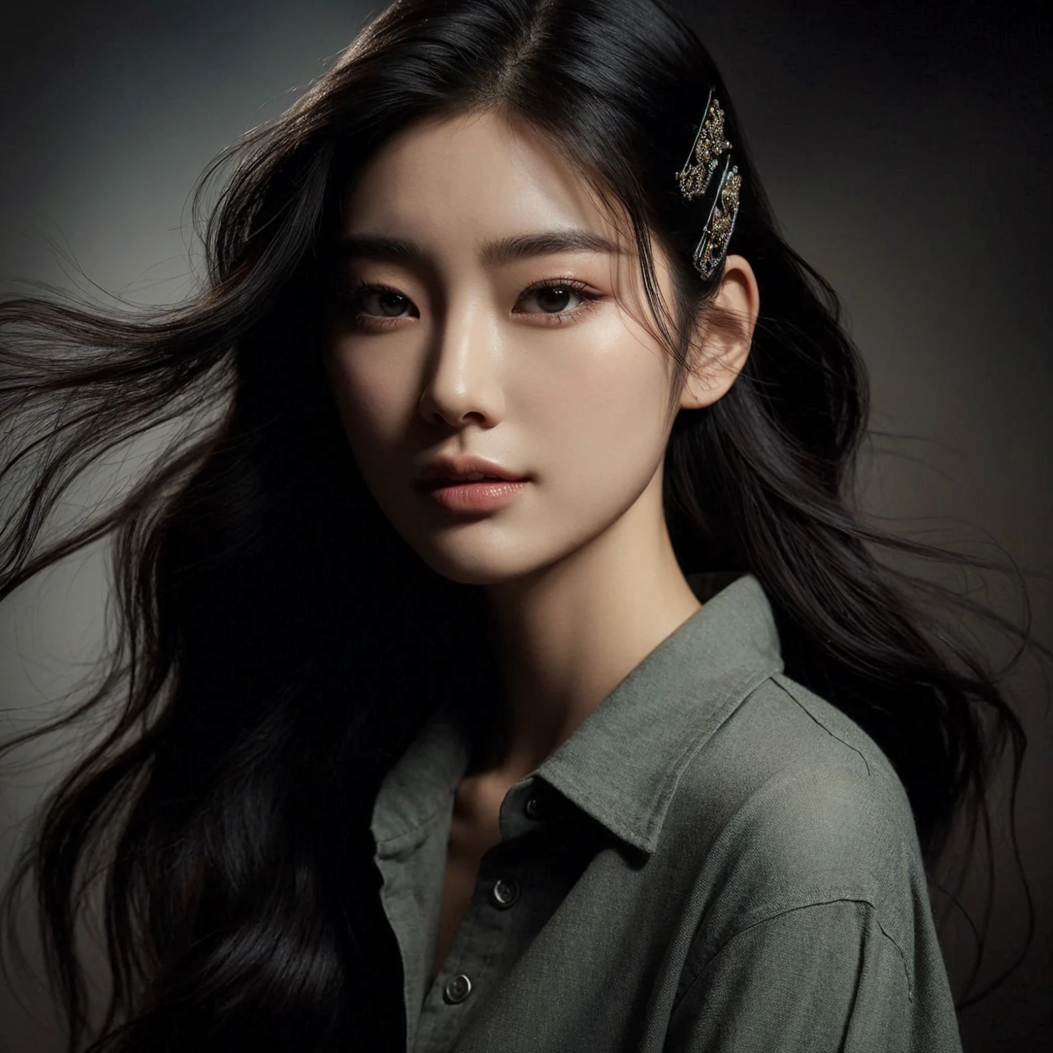 Create a portrait of a young korean woman with long, flowing black hair, set against a dark, smoky background. She is wearing a sage, button-up shirt and has a poised, elegant expression. The woman has a hairpin with intricate designs in her hair, adding a touch of sophistication to her look. The lighting is soft and dramatic, highlighting her facial features and creating a sense of depth and mystery in the composition.