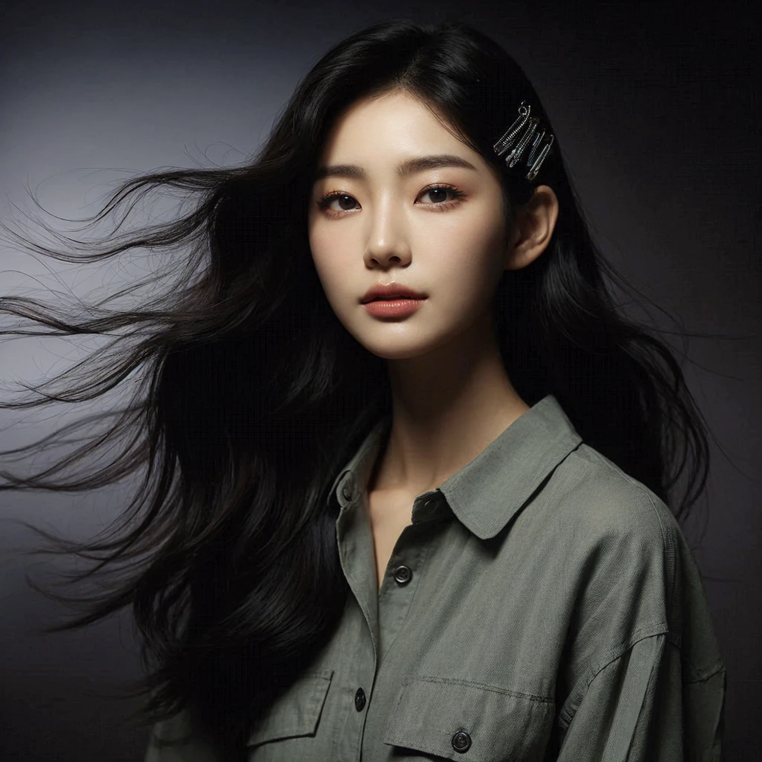 Create a portrait of a young korean woman with long, flowing black hair, set against a dark, smoky background. She is wearing a sage, button-up shirt and has a poised, elegant expression. The woman has a hairpin with intricate designs in her hair, adding a touch of sophistication to her look. The lighting is soft and dramatic, highlighting her facial features and creating a sense of depth and mystery in the composition.