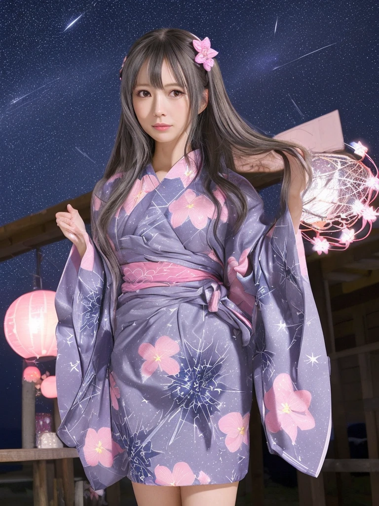 night空　　Starry Sky　　shooting star　
Silver semi-long hair　　Pink yukata with floral pattern　
背景night空　Starry Sky　shooting star
女優のような綺麗な顔　night
