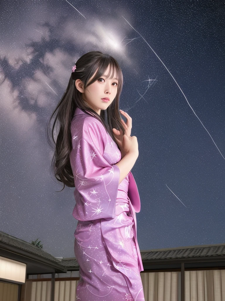 night空 Starry Sky shooting star
Silver semi-long hair Pink yukata with floral pattern
背景night空 Starry Sky shooting star
女優のような綺麗な顔 night