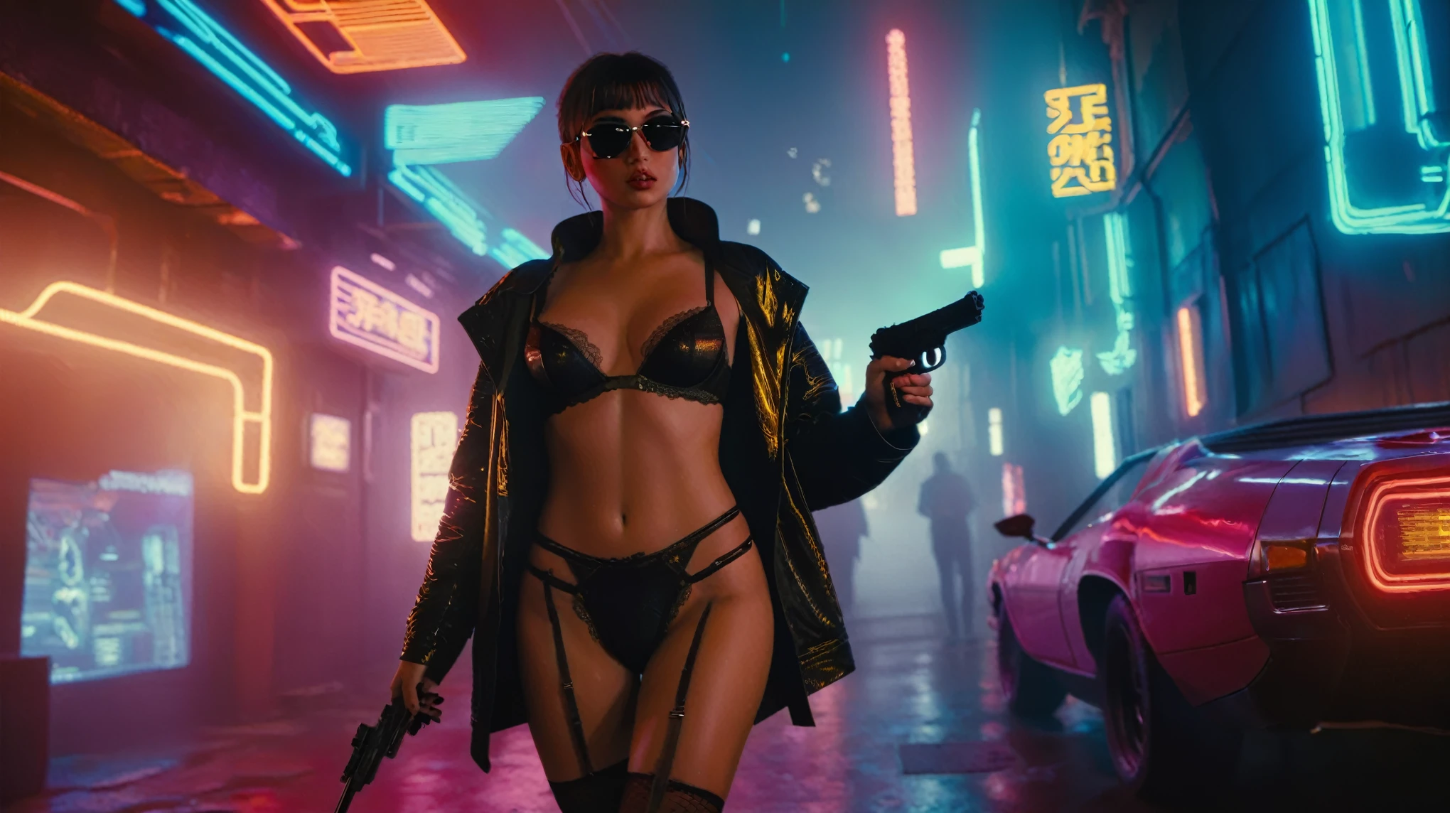 (aerial view), Blade Runner style futuristic alley at night, (flying cars), neon lights. (1girl, solo, alone), large-breast:1.2 slim body, cleavage:1.1, sexy micro laced lingerie with jacket, (black sunglasses), ((she raised a pistol:1.8 and shot the viewer)), dynamic pose, ((half-body thigh level medium shot)), cinematic lighting, lens flare, ray tracing.