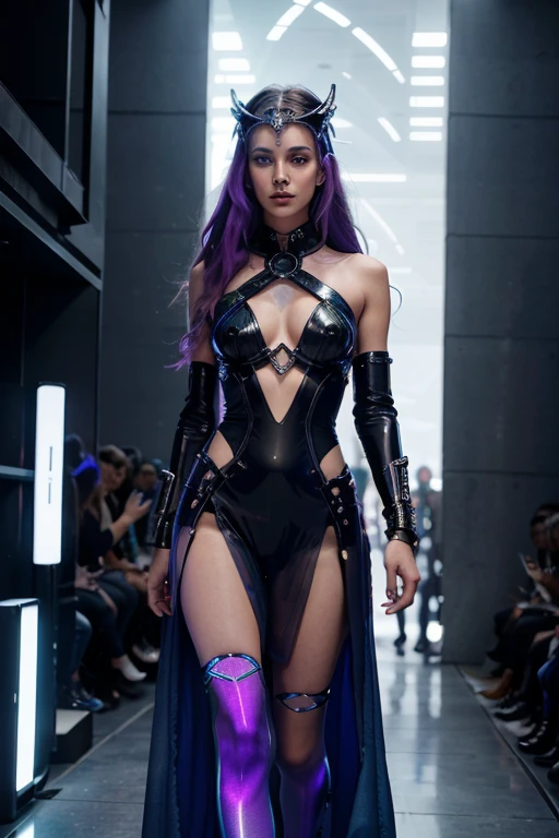 "Create an image of a fashion model in a futuristic, fantasy setting. She stands on a sleek, neon-lit runway in a sprawling cityscape with towering, translucent skyscrapers. Her attire blends high-tech elements and mythical motifs: a luminescent gown with holographic fabrics, adorned with intricate, glowing patterns resembling ancient runes. The model's accessories include cybernetic jewelry and a headpiece that emits a soft, ethereal glow. Her hair is styled in a gravity-defying manner, and her makeup features bold, shimmering hues that shift colors with the light. The overall atmosphere is a harmonious blend of advanced technology and magical fantasy."