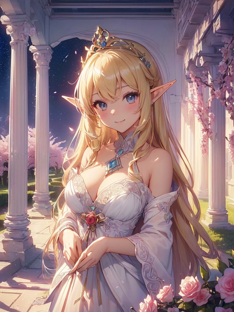 highest quality、Highest image quality、masterpiece、beautiful face、、Titania、Super beautiful elf beauty((22 years old OL big bust、bust 90,beautiful long ironed hair、blonde、Height: 165cm。slender、sexy、Esbian、beautiful tiara、night、High quality、美しいart、Beautiful bed、canopy、Sky curtain、muste piece、ビジュアルart、Depth of the bounds written、、elf ears、、Lightのmagic、universe、A happy smile、穏やかなLight、Elven Forest、cherry blossoms、、elegant、ticker beautiful decorative、marble columns、fresco、Mosaic floor、mystical　rosa、Rose、flower瓶、magicのflower、flowerを作るmagic、Light、　the sky、beautiful dressy、beautiful dresyth、ART、Lord of the Ring、sexy、friendly smile、Fantastic、cherry blossoms、舞い散るflowerびら、cherry blossomsのflower、universeのmagic、magicのLight、fantasy、flower、super REALITYたくさんのRose、magic、Interior decoration、Many tapestries、Grow fantasy、、mysteryのLight、byzantine、renaissance、Art nouveau、alphonse　Mucha、、art、art,mystery,UHD,magicalgentle light,sexy、