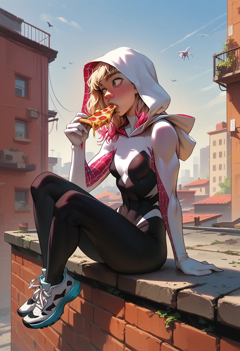 1girl, 18 years old, gwen stacy, small breasts,bigger hips, spider gwen, sitting, eating pizza, roof, megapolis, a dreamy look, gray eyes, blondie hair, long hair, bodysuit, white sneakers, hood, detailing face, detailing body