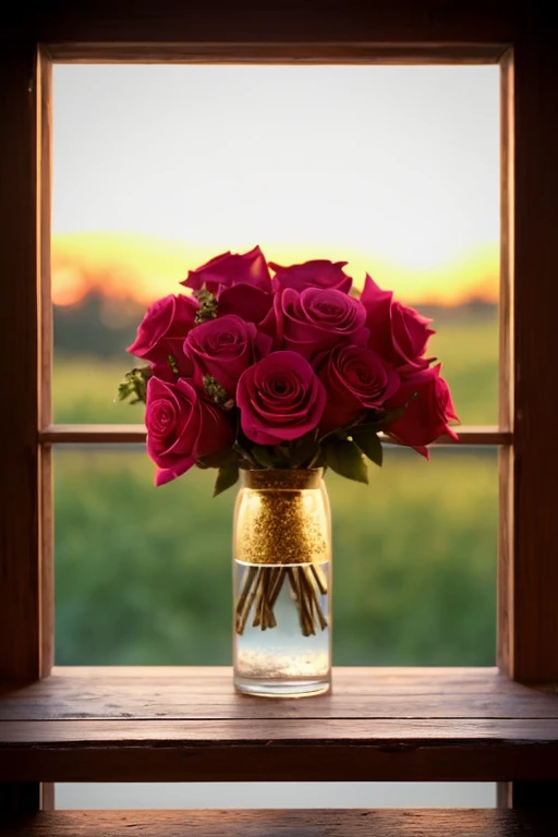 Bouquets of vibrant, lush roses, bathed in the soft glow of twilight, are artfully arranged in a quaint, rustic vase. The petals, a perfect blend of rich red and delicate pink, shimmer with a subtle sheen, as if kissed by the last rays of the sun. The bouquets, filled with an ethereal elegance, stand out against the backdrop of a weathered, antique wooden table, its surface etched with the traces of time. The scene is framed by the delicate lace of a vintage window, allowing the golden hues of the setting sun to filter in, casting a warm, inviting glow on the arrangement.