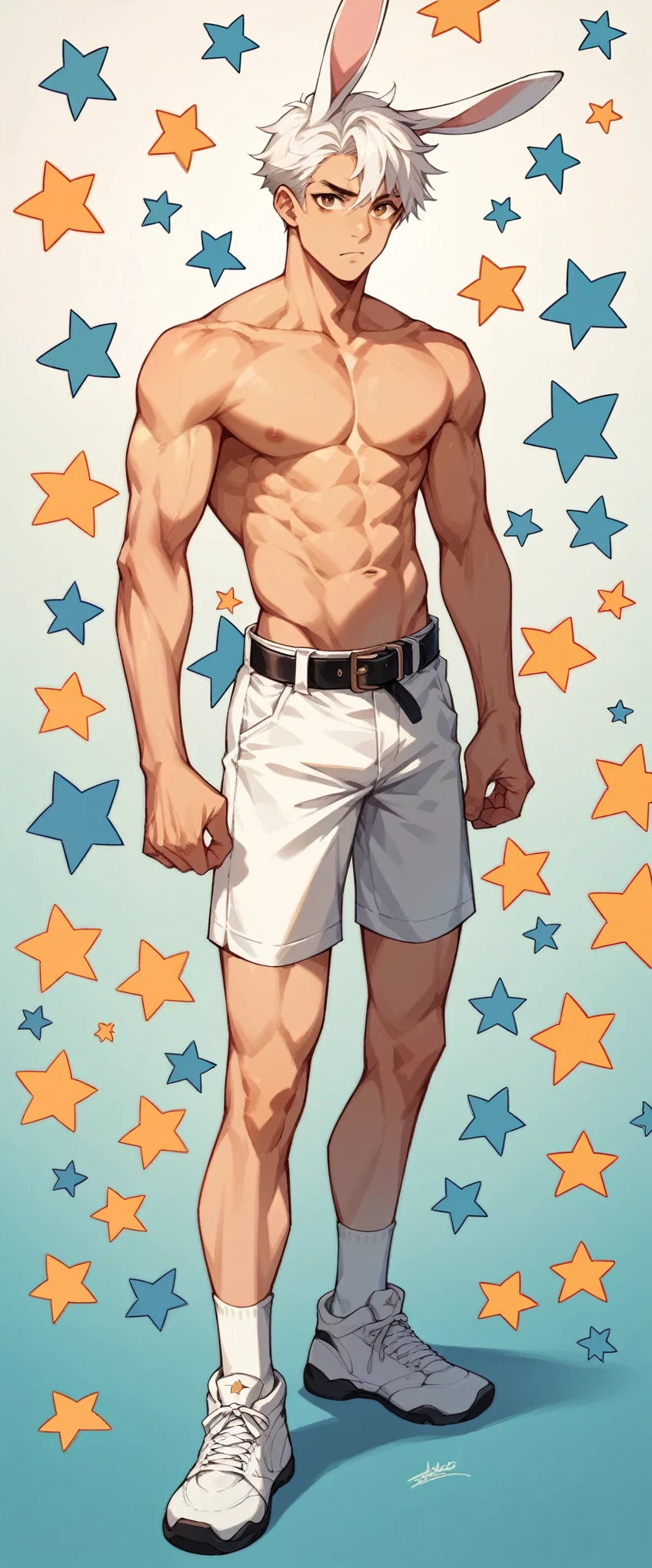 Handsome boy,White hair,Rabbit ears,Abdominal muscles,Slim body,He has warm brown eyes.,Stars background,White shorts,White socks,White sneakers,Black belt