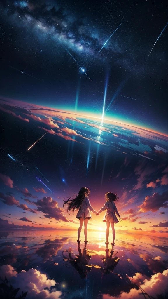Beautiful sky anime scene with stars and planets, Space Sky. by makoto shinkai, anime art wallpaper 4k, anime art wallpaper 4k, Anime Art Wallpapers 8K, anime wallpaper 4k, anime wallpaper 4k, 4k anime wallpaper, Anime Sky, Awesome Wallpapers, Anime Background, Heavenly planets in the background, Anime Background art,Two girls silhouette、Looking up at the night sky