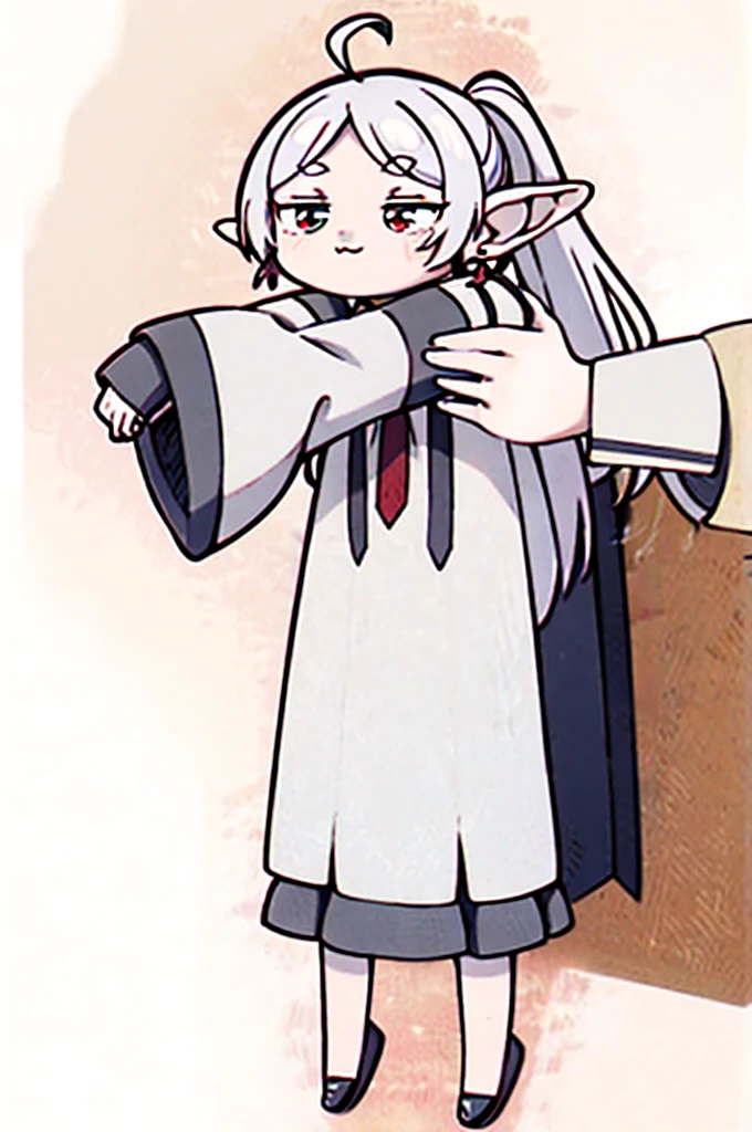 Little,:3,whole body,Ahoge,IncrsLcmSolo,long body,Sundress, Long Hair, Red eyes, Gray Hair, (Sleeves are longer than the wrist:1.2), (Sleeves are longer than your fingers:1.2),Long sleeve, 1girl,独奏,elf,white hair,grey hair,earrings,pointy ears,long hair,ponytail,green eyes,twintails,parted bangs,thick eyebrows,
Simple Background, White Background,