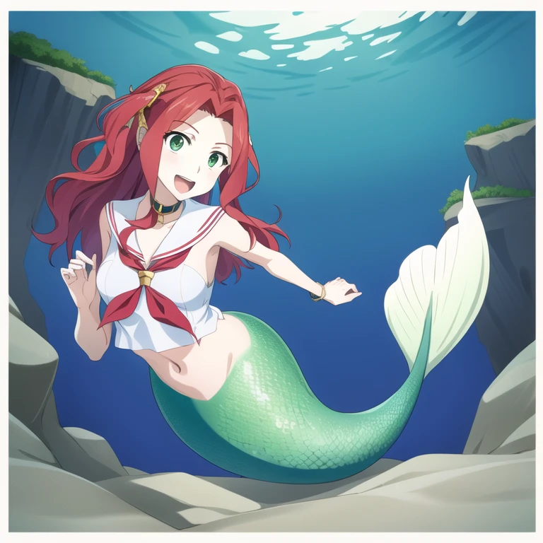 mermaid, mermaid tail below waistline, underwater sea, fish, Malty S Melromarc, red hair, long blunt bangs, long hair, green eyes, (best quality, 8K, masterpiece, ultra detailed:1.2), dynamic pose, cinematic angle, light particles,, beautiful detailed eyes, shiny skin, shiny hair, 1girl, solo, smile, cute, happy, open mouth, sailor collar, :d, , serafuku, collarbone, looking at viewer, 