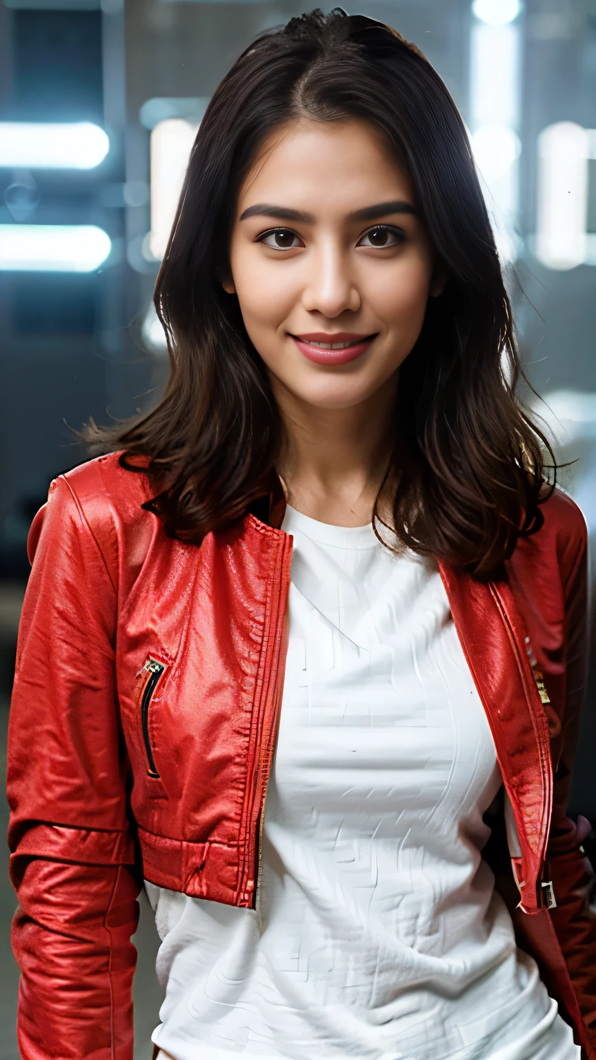 image of a girl in dubai beautiful girl,wearing a leather red laser jacket,light smile, simple background, master piece,4K,8K,(master piece,ultra high resolution:1.4),(master piece,photographrealistic:1.4),master piece,detailed real eyes,master piece,detailed face, full fit body, posing on camera