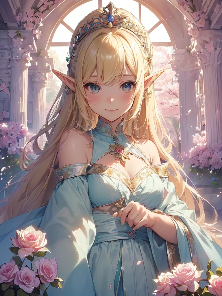 highest quality、Highest image quality、masterpiece、beautiful face、、Titania、Super beautiful elf beauty((22 years old OL big bust、bust 90,beautiful long ironed hair、blonde、Height: 165cm。slender、sexy、Esbian、beautiful tiara、night、High quality、美しいart、Beautiful bed、canopy、Sky curtain、muste piece、ビジュアルart、Depth of the bounds written、、elf ears、、Lightのmagic、universe、A happy smile、穏やかなLight、Elven Forest、cherry blossoms、、elegant、ticker beautiful decorative、marble columns、fresco、Mosaic floor、mystical　rosa、Rose、flower瓶、magicのflower、flowerを作るmagic、Light、　the sky、beautiful dressy、beautiful dresyth、ART、Lord of the Ring、sexy、friendly smile、Fantastic、cherry blossoms、舞い散るflowerびら、cherry blossomsのflower、universeのmagic、magicのLight、fantasy、flower、super REALITYたくさんのRose、magic、Interior decoration、Many tapestries、Grow fantasy、、mysteryのLight、byzantine、renaissance、Art nouveau、alphonse　Mucha、、art、art,mystery,UHD,magicalgentle light,sexy、