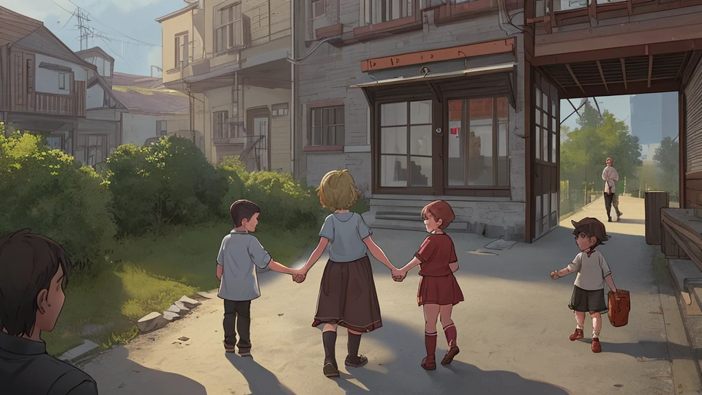 create a scenario where several children are playing holding hands