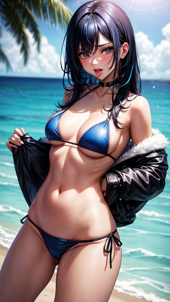 Sensual girl with big breasts, black hair with a blue streak, a small bikini and a hot look, sticking out his tongue lasciviously and touching his private part 