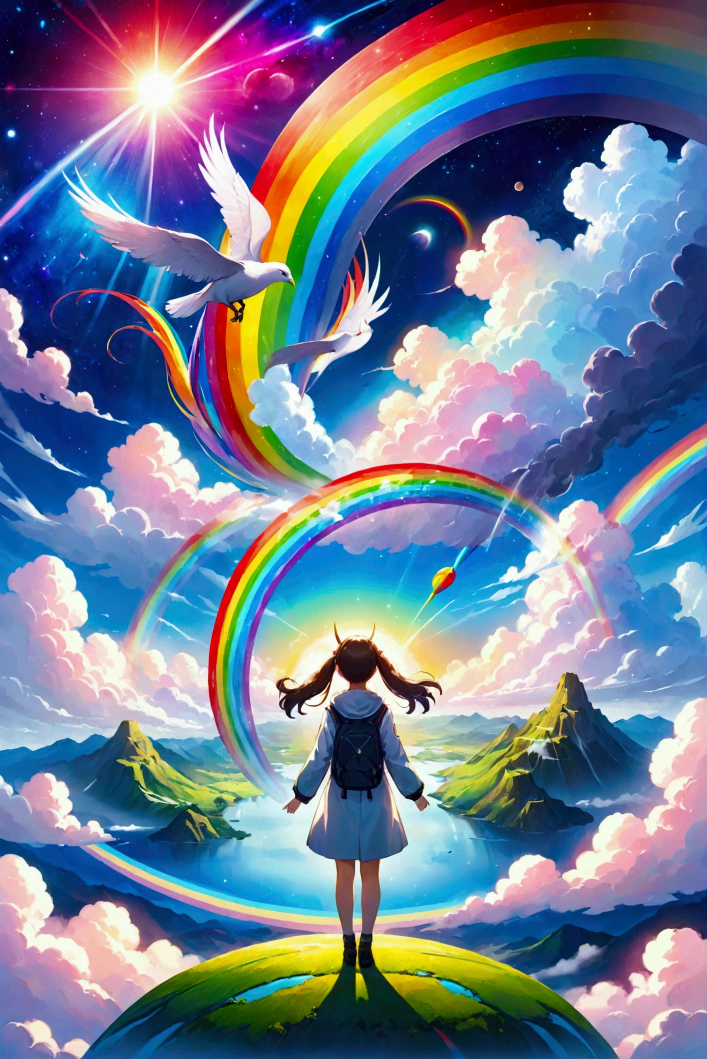 Rainbow幻想的な鳥、Large target, Rainbow鳥、Phoenix flying in the rainbow sky,Large targetきな翼、rich and colorful,Beautiful galaxies,wonderful景色,Night Sky,An atmosphere full of dreams and hopes,masterpiece.16K, Ultra-high resolution, Ultra-high resolution, born,wonderful ,future、Rainbow、The world 30 years from now。