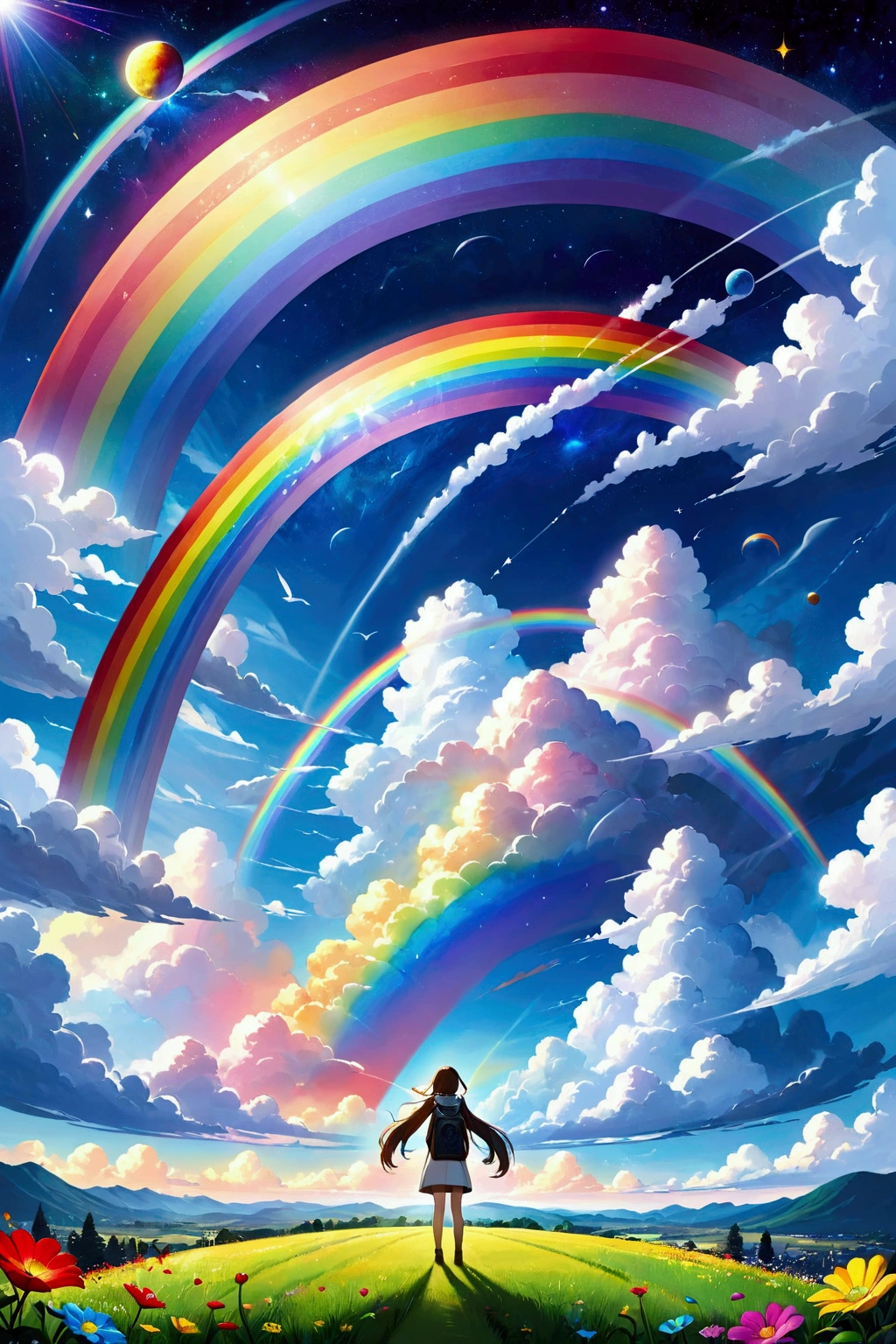 Rainbow幻想的な鳥、Large target, Rainbow鳥、Phoenix flying in the rainbow sky，Large targetきな翼、rich and colorful，Beautiful galaxies，wonderful景色，Night Sky，An atmosphere full of dreams and hopes，masterpiece．16K, Ultra-high resolution, Ultra-high resolution, born,wonderful ,future、Rainbow、The world 30 years from now。