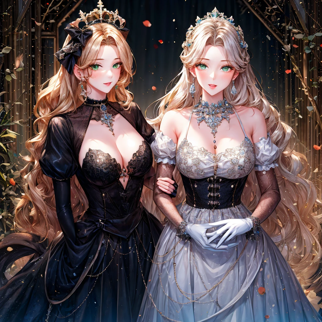 girly style, (flower background, romance comics), 2 girl, blond, alone, long hair, flower, skirt, crown, white skirt, Gloves, Long sleeve, collar, Green eyes, mascara, cosmetics, white Gloves, black bow, black flower, Straight Hair, drill hair, french OKid, bow, OK, jewelry, looking at the audience, White background, clavicle, puffy sleeves, silver accessories, full-body shot, parted bangs, very long hair, blue skirt, trim, bangs, Keep your mouth shut, delicate eyes, 火flower