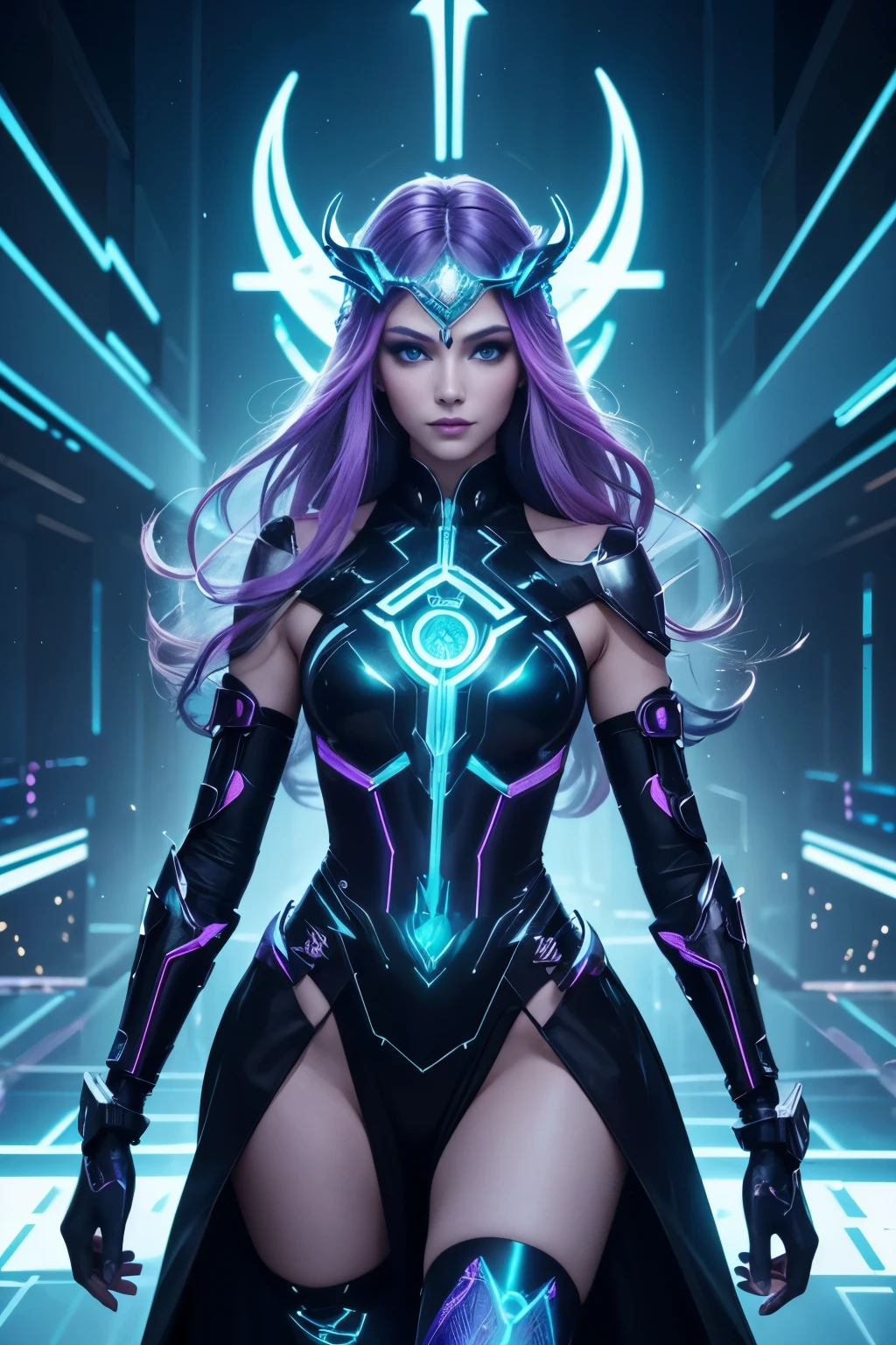 "Create an image of a fashion model in a futuristic, fantasy setting. She stands on a sleek, neon-lit runway in a sprawling cityscape with towering, translucent skyscrapers. Her attire blends high-tech elements and mythical motifs: a luminescent gown with holographic fabrics, adorned with intricate, glowing patterns resembling ancient runes. The model's accessories include cybernetic jewelry and a headpiece that emits a soft, ethereal glow. Her hair is styled in a gravity-defying manner, and her makeup features bold, shimmering hues that shift colors with the light. The overall atmosphere is a harmonious blend of advanced technology and magical fantasy."
