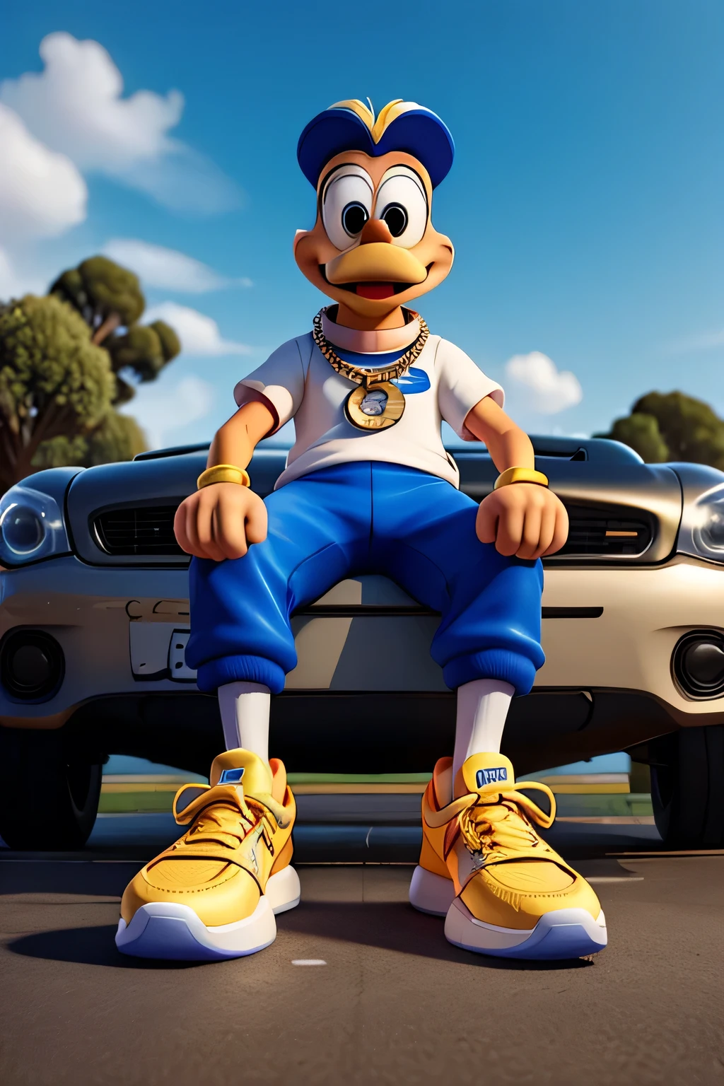 Donald Duck wearing chains around his neck Nike sneakers sitting on the hood of a car