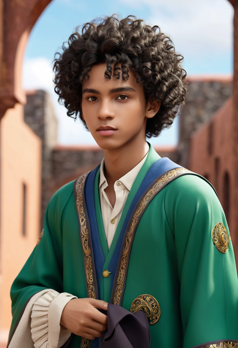 (masterpiece, high quality, Detailed CG 8k wallpapers and beautiful illustrations) Miguel, A young and talented Afro-Latino wizard: dark, Thin, curls, , heterochrony, (main character).
