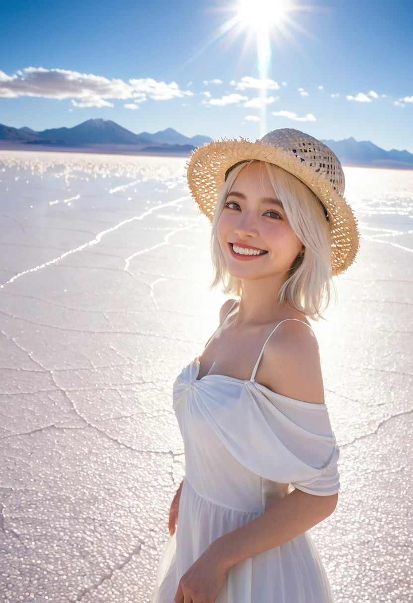 1 Girl, masterpiece, Extremely detailed, (Beautiful and delicate light), lens flare, White hair, short hair, Flowing hair, look back, Back, Smile, blue eyes, White Dress, Medium breasts, Upper Body, Wide-angle lens, straw hat, ((Uyuni Salt Flats)), sunrise, cloud, Backlight, 紫色Sky, Sky, 渐变Sky, Place your hands on your hat