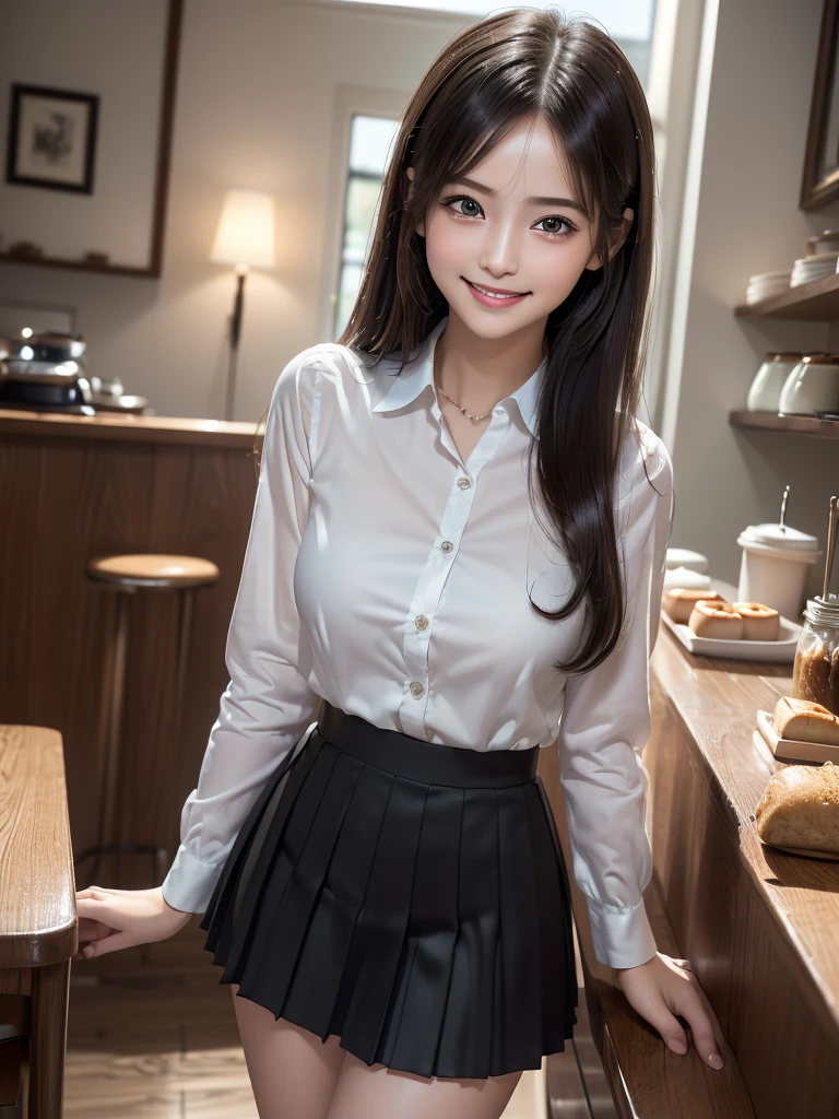 (8k, RAW Photos, Highest quality, masterpiece:1.2), (Realistic, photo-Realistic:1.4), (Highly detailed 8K wallpapers), ((Full Body Shot)), ((((1 girl))), Sharp focus, Depth of written boundary, Cinematic lighting, Soft Light, 緻密な美しさのeye, eye_Chan, Very beautiful 17 year old girl, innocent big eyes, Realistic, photo Realistic, Highly detailed cute girl, (Thin thighs), (Model body type), 18-year-old, ((Stylish cafe uniform)), (Micro Mini Pleated Skirt), ((A happy smile)), Parted lips, Watching the audience, (Inside the cafe) , (Black Hair),(Semi-long hair)