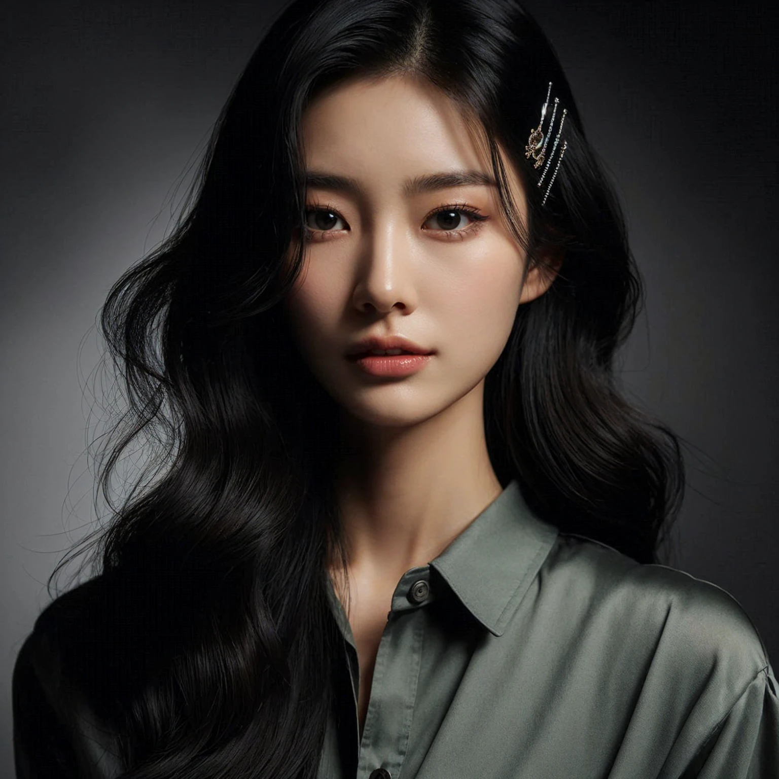Create a portrait of a young korean woman with long, flowing black hair, set against a dark, smoky background. She is wearing a sage, button-up shirt and has a poised, elegant expression. The woman has a hairpin with intricate designs in her hair, adding a touch of sophistication to her look. The lighting is soft and dramatic, highlighting her facial features and creating a sense of depth and mystery in the composition.