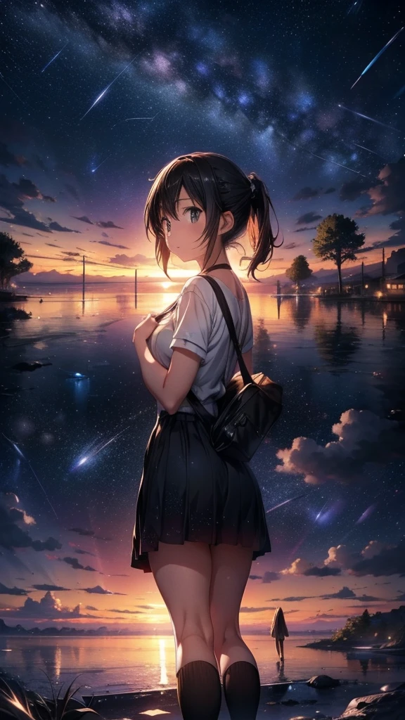 Beautiful sky anime scene with stars and planets, Space Sky. by makoto shinkai, anime art wallpaper 4k, anime art wallpaper 4k, Anime Art Wallpapers 8K, anime wallpaper 4k, anime wallpaper 4k, 4k anime wallpaper, Anime Sky, Awesome Wallpapers, Anime Background, Heavenly planets in the background, Anime Background art,Two girls silhouette、Looking up at the night sky