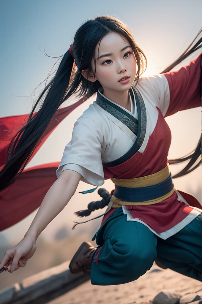 Raising Mulan&#39;s Daughter: black hair black eyes yellow dress green sleeves black sneakers slanted eyes compressed hair red hair bands 