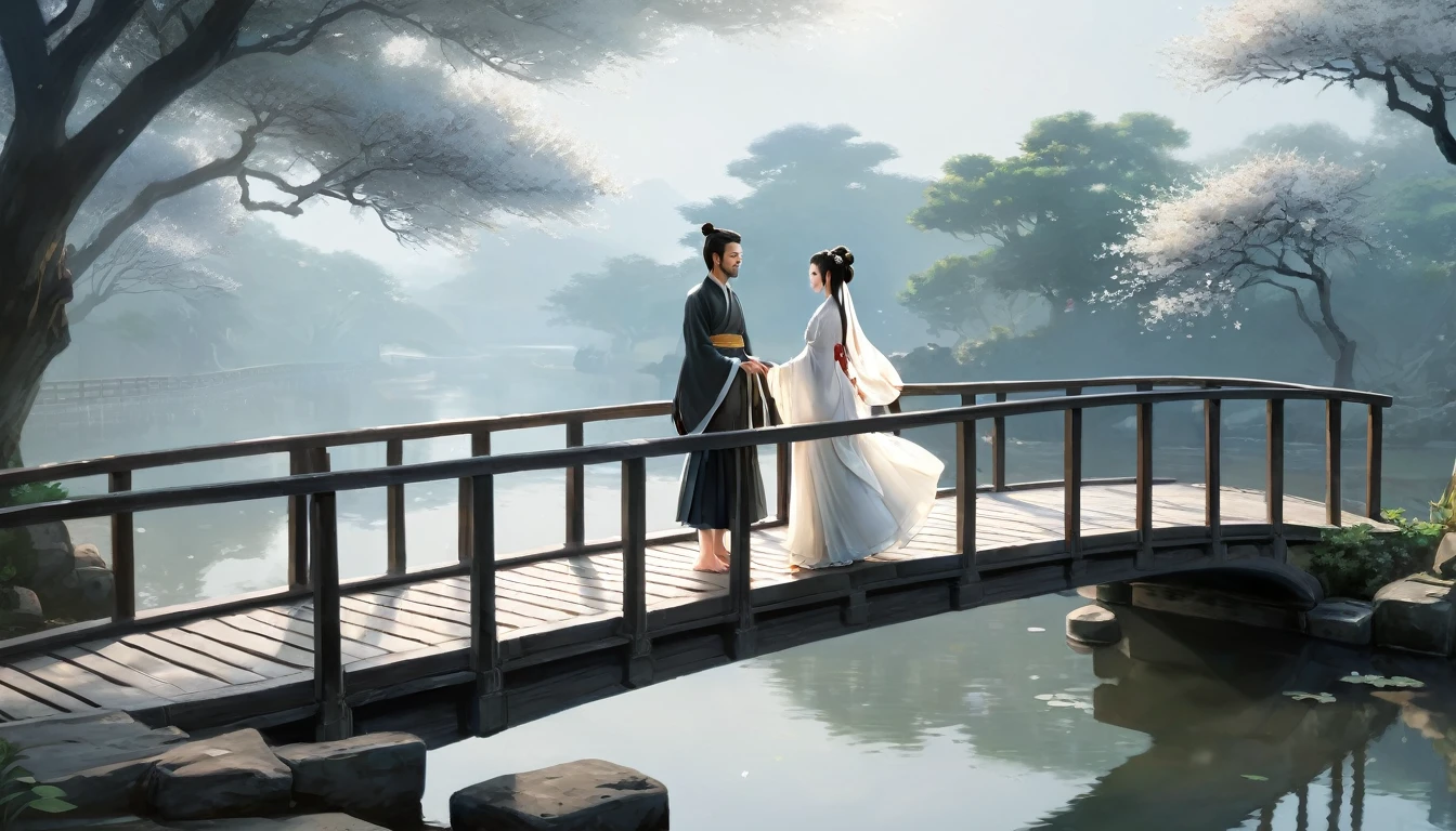watercolor，（：woman standing on bridge..：13），Barefoot，Hanfu，Chinese-style clothes，Arch Bridge，Husband and wife look at each other...，beautiful anime scenes，reflection on the water surface，Make a pie，Black and white dress，delicate，Max Kwali，（Masterpiece：1,2），best quality，Masterpiece，manuscript，extremely detailed wallpaper，perfect lighting，（The CG is very detailed.:1.2）remote image