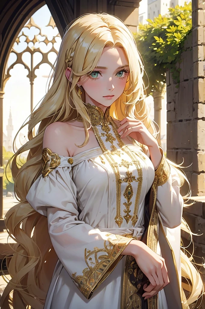a blond, Long hair, Yellow-green eyes, Woman in her 20s, Gentle Face, White dress, (A masterpiece:1.2), Best Quality, high resolucion, Unity 8k wallpaper, (Illustration:1.0), beautiful detail, beautiful woman, glittering, medieval village_Background with, Solo, perfect light, Extremely detailed CG
