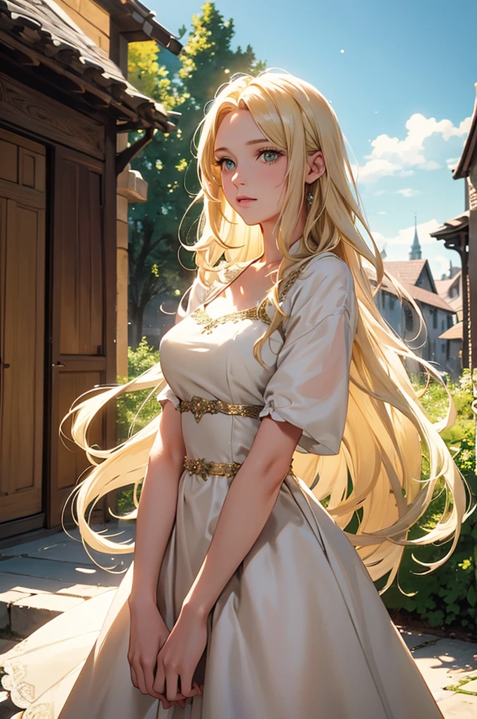 a blond, Long hair, Yellow-green eyes, Woman in her 20s, Gentle Face, White dress, (A masterpiece:1.2), Best Quality, high resolucion, Unity 8k wallpaper, (Illustration:1.0), beautiful detail, beautiful woman, glittering, medieval village_Background with, Solo, perfect light, Extremely detailed CG