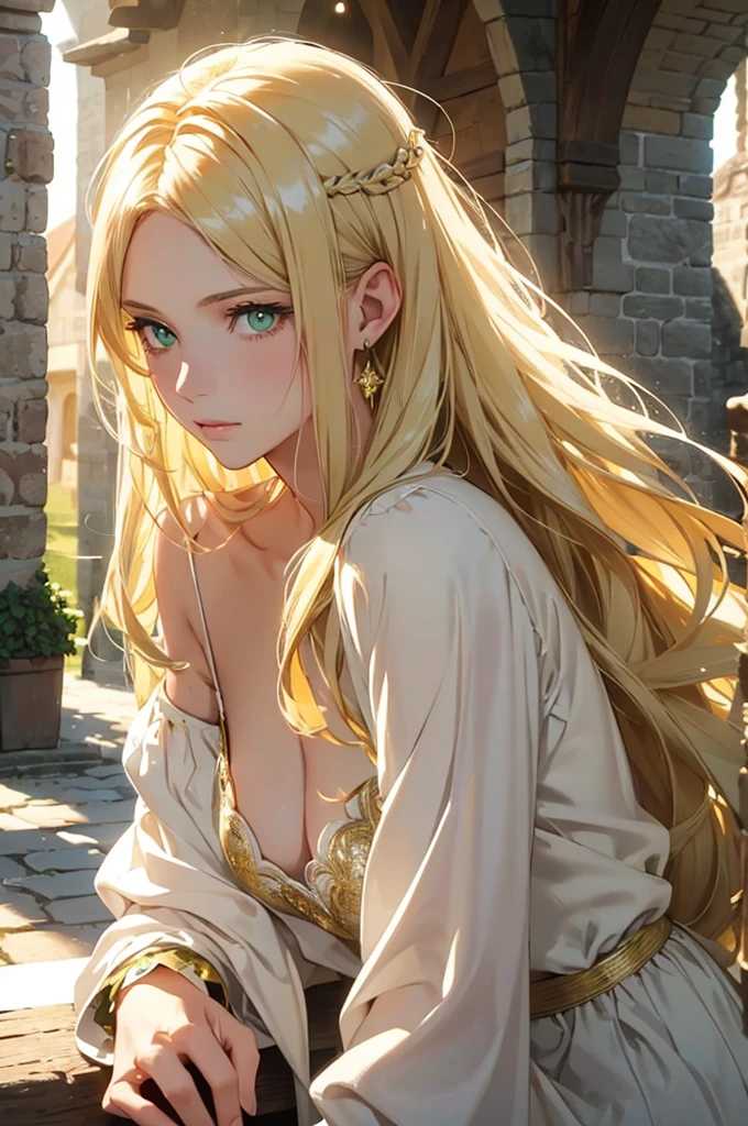 a blond, Long hair, Yellow-green eyes, Woman in her 20s, Gentle Face, White dress, (A masterpiece:1.2), Best Quality, high resolucion, Unity 8k wallpaper, (Illustration:1.0), beautiful detail, beautiful woman, glittering, medieval village_Background with, Solo, perfect light, Extremely detailed CG