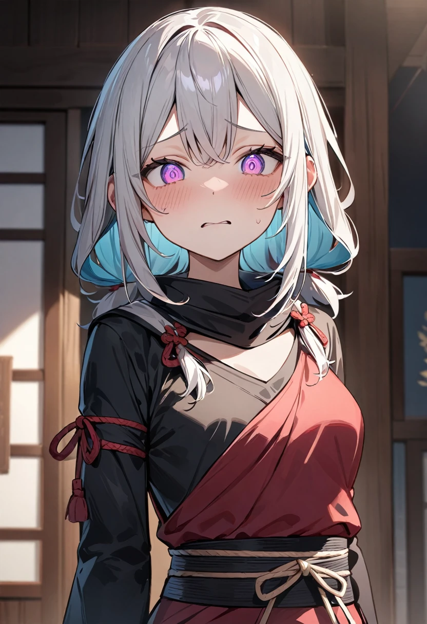 (masterpiece, top quality, very aesthetic, 4k、illustration), intricate detail, 1girl,Standing 、(upper body)、Dazed face、(),Cute 、Random Hair Color、,middle hair,sidelock ,Random Color　eyes、ninja clothes、small breasts、Slim 、