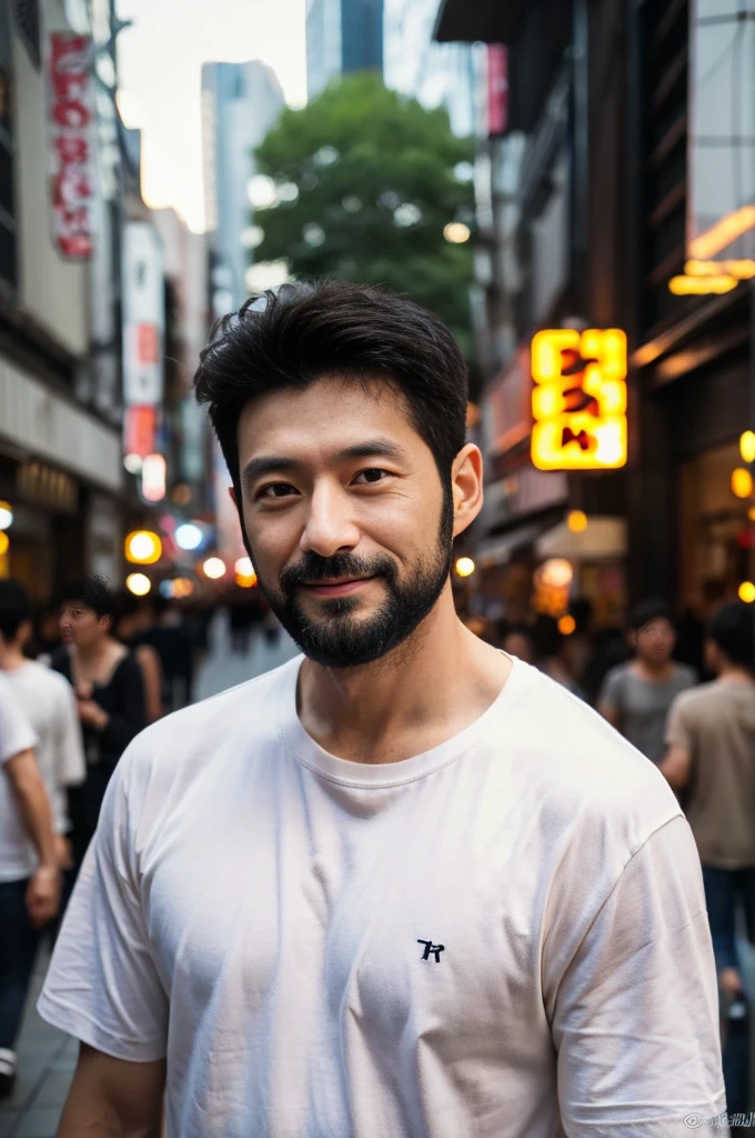 4K、Realistic、Superb technique、Fujifilm、Wide-angle lens、40-year-old male、Wolverine、beard（−1）、Brown Hair、Tokyo、Omotesando、White T-shirt、jeans、smile、Stand in the center、Natural Light、瞳にNatural Lightを入れる、