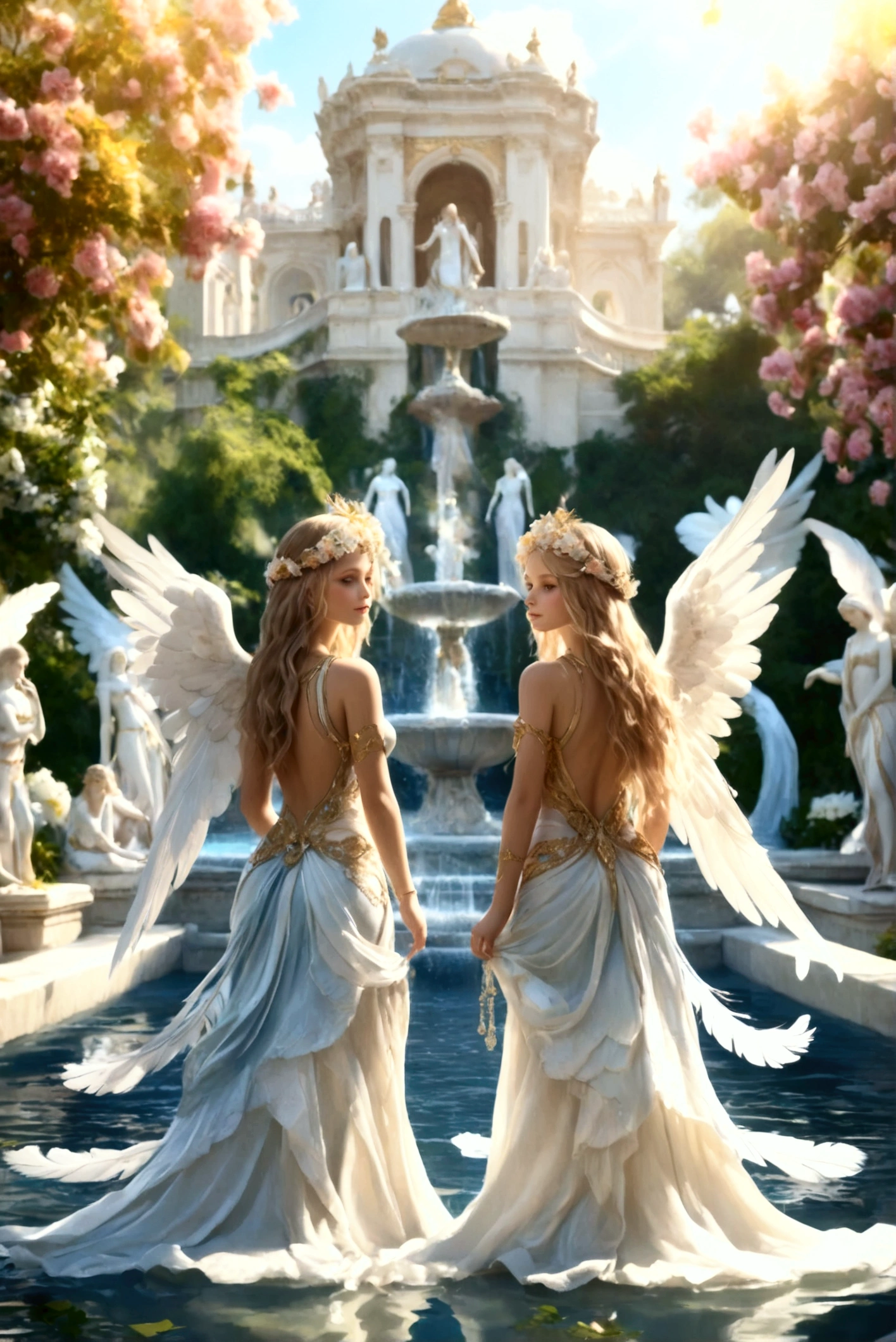(masterpiece:1.0), (best quality:1.4), (ultra highres:1.2), (photorealistic:1.4), 8k resolution, Canon EOS R5, 50m)), ((ethereal)), angels, paradise, wings, halo, soft light, beauty, peaceful, serene. in the heavenly paradise, ethereal angels with magnificent wings and halo they are perfect and her body remains the marble.their poses of unparalleled beauty. they are wearing a heavenly outfit with whithe feather perfecly fit in their backs, with amazing bodies and beautiful blue eyes))wearing also golden lace ribbons. ((in the paradise garden there is a fountain of youth with many trees and flowers around a big lake and marble palace and statues, raw, 8k, looking at viewer's high definition