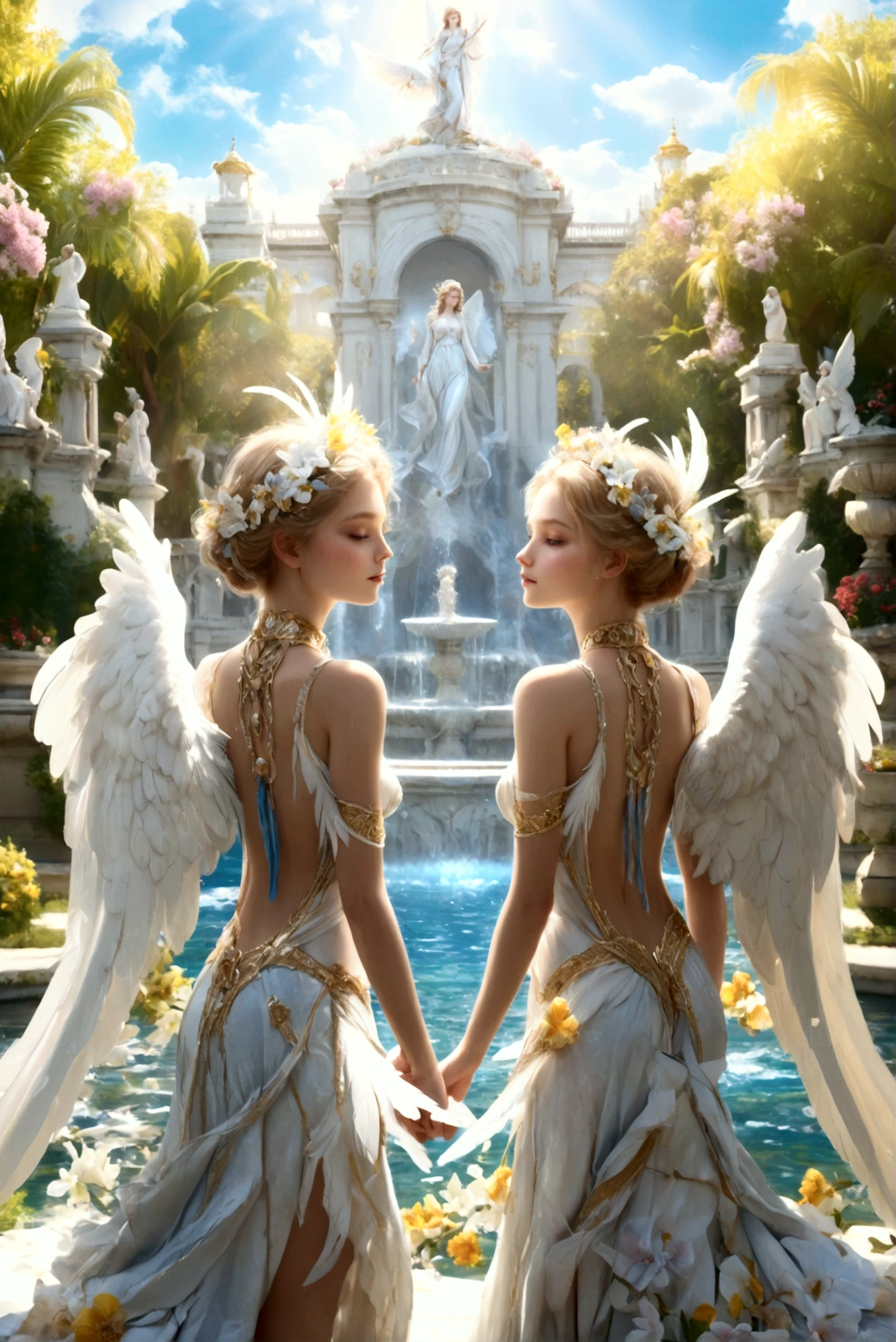  (masterpiece:1.0), (best quality:1.4), (ultra highres:1.2), (photorealistic:1.4), 8k resolution, Canon EOS R5, 50m)), ((ethereal)), angels, paradise, wings, halo, soft light, beauty, peaceful, serene. in the heavenly paradise, ethereal angels with magnificent wings and halo they are perfect and her body remains the marble.their poses of unparalleled beauty. they are wearing a heavenly outfit with whithe feather perfecly fit in their backs, with amazing bodies and beautiful blue eyes))wearing also golden lace ribbons. ((in the paradise garden there is a fountain of youth with many trees and flowers around a big lake and marble palace and statues, raw, 8k, looking at viewer's high definition