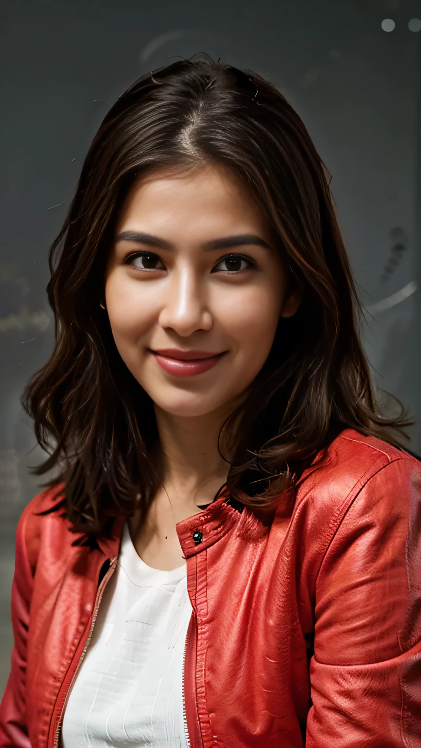 image of a girl in dubai beautiful girl,wearing a leather red laser jacket,light smile, simple background, master piece,4K,8K,(master piece,ultra high resolution:1.4),(master piece,photographrealistic:1.4),master piece,detailed real eyes,master piece,detailed face, full fit body, posing on camera