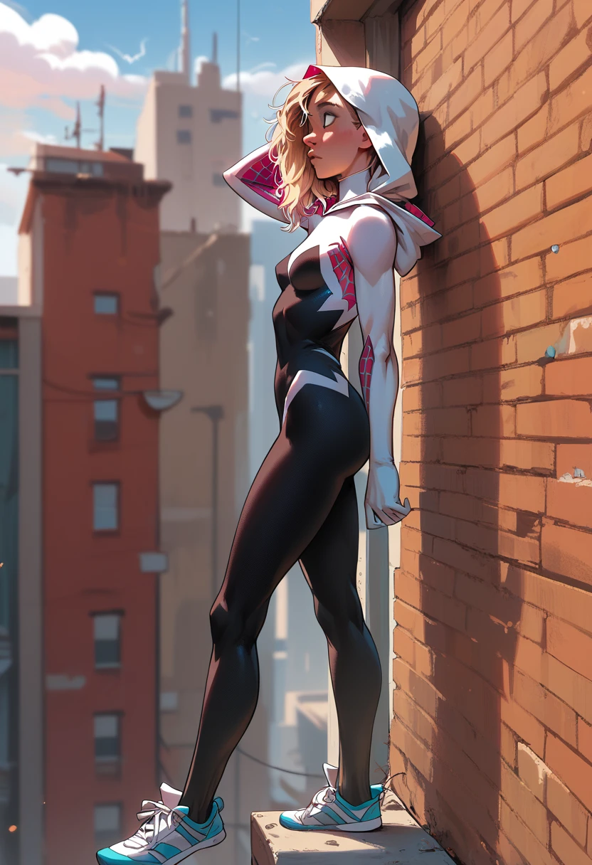 1girl, 18 years old, gwen stacy, small breasts,bigger hips, spider gwen, standing, look up, roof, megapolis, A dreamy look, gray eyes, blondie hair, long hair, bodysuit, white sneakers, hood, detailing face, detailing body, side view