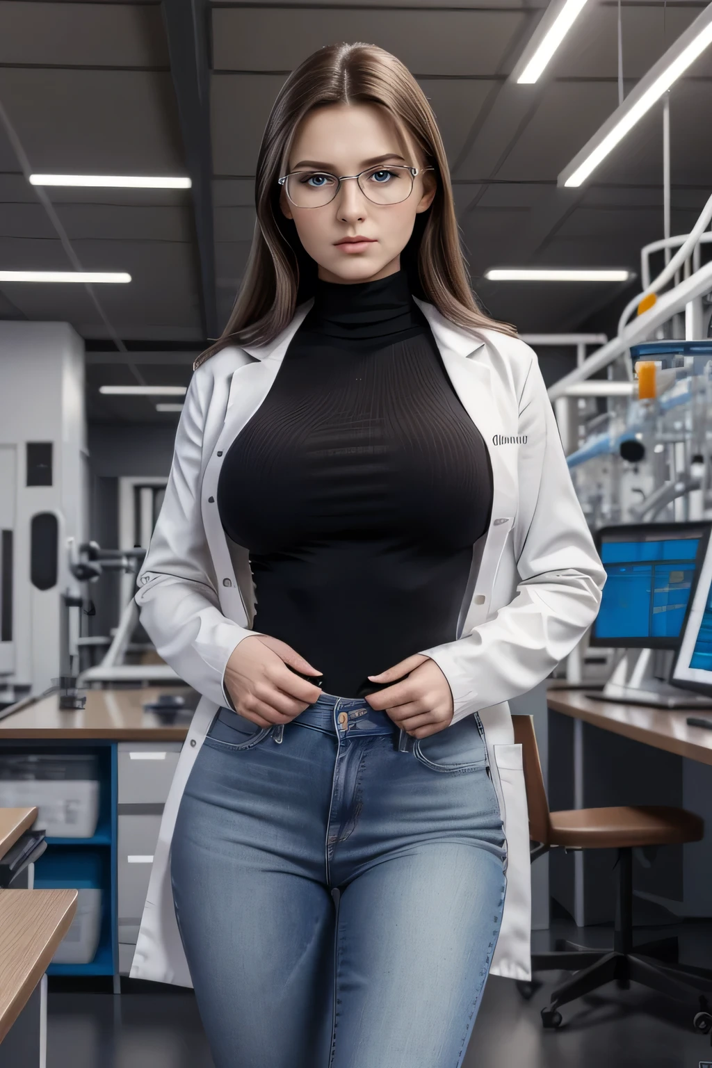 Highly detailed CG Unity 8k wallpaper, masterpiece, realistic, ((1girl)), (A beautiful 24 year old Russian woman Anastasia Sokolova with long dark brown hair, she has a serious fierce expression, she is wearing a turtleneck and jeans with a white science lab coat, wearing glasses), ((perfect big breasts, erect nipples, NSFW)), (female IFBB physique, muscular thighs), (science laboratory background)