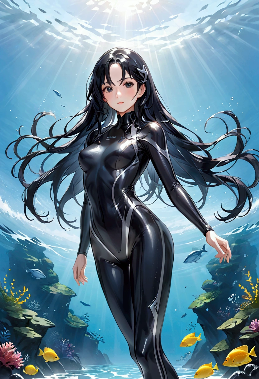 Mature Girl with long black hair with silver highlight, black eyes,tall rectangular body figure,transparent rubber wetsuit