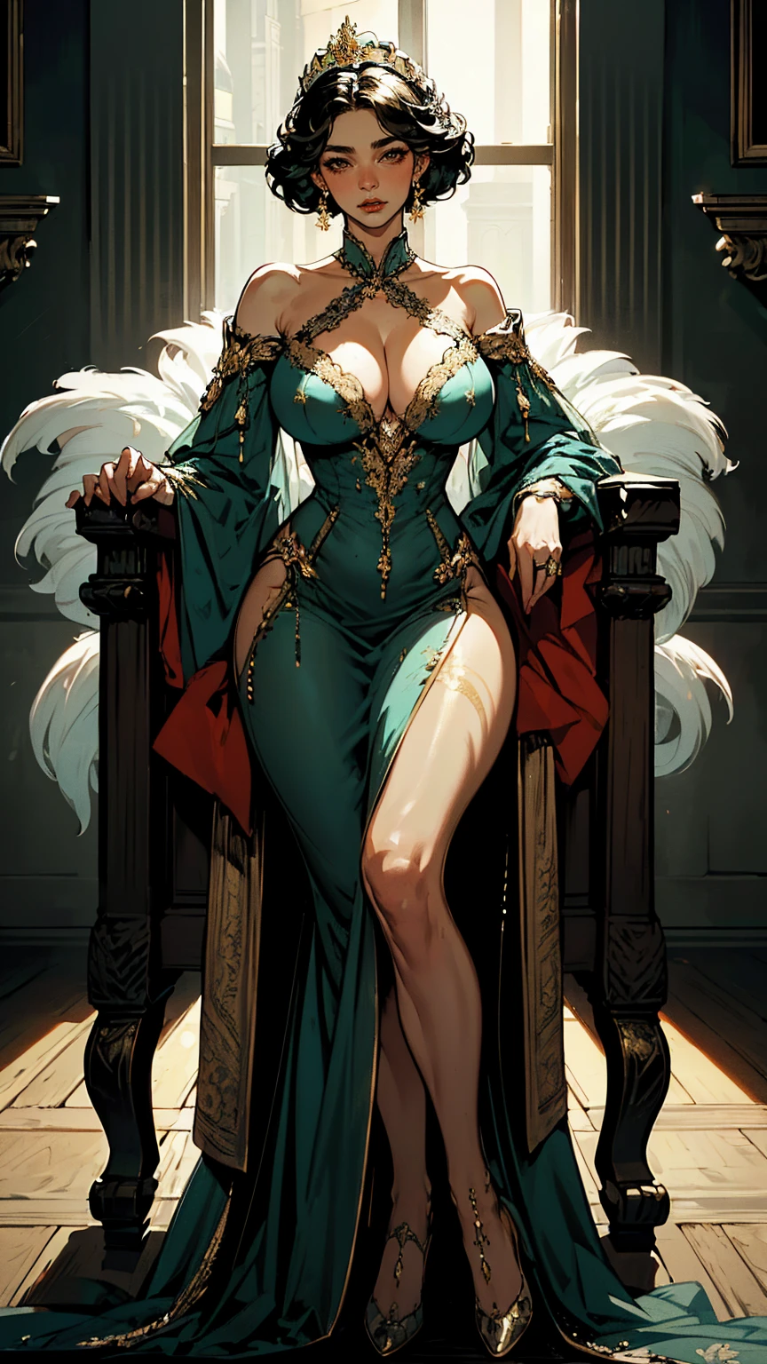 (ultra-detailed, photorealistic, best quality, 4k, highres, masterpiece:1.3), Crown Princess Xian Li in her ceremonial attire, snow-white flawless skin, long straight black hair, elaborate headdress made of gold and precious jewels, piercing cold gray eyes, deep red lips contrasting her pale complexion, (voluptuous and alluring figure), ((wearing an exquisite ceremonial gown with intricate embroidery and delicate lace)), the gown features intricate patterns of dragons and phoenixes symbolizing power and rebirth, form-fitting bodice accentuating her curves, long flowing sleeves and a high collar adding to her regal appearance, background elements of the royal palace, rich decor, grand pillars, opulent tapestries, and golden ornaments, a majestic throne behind her, serene and emotionless calm expression, highlighting her royal status and ethereal beauty, (intricate detail, super finely detailed hands, ultra finely detailed fingers, full body showcase, show full body).