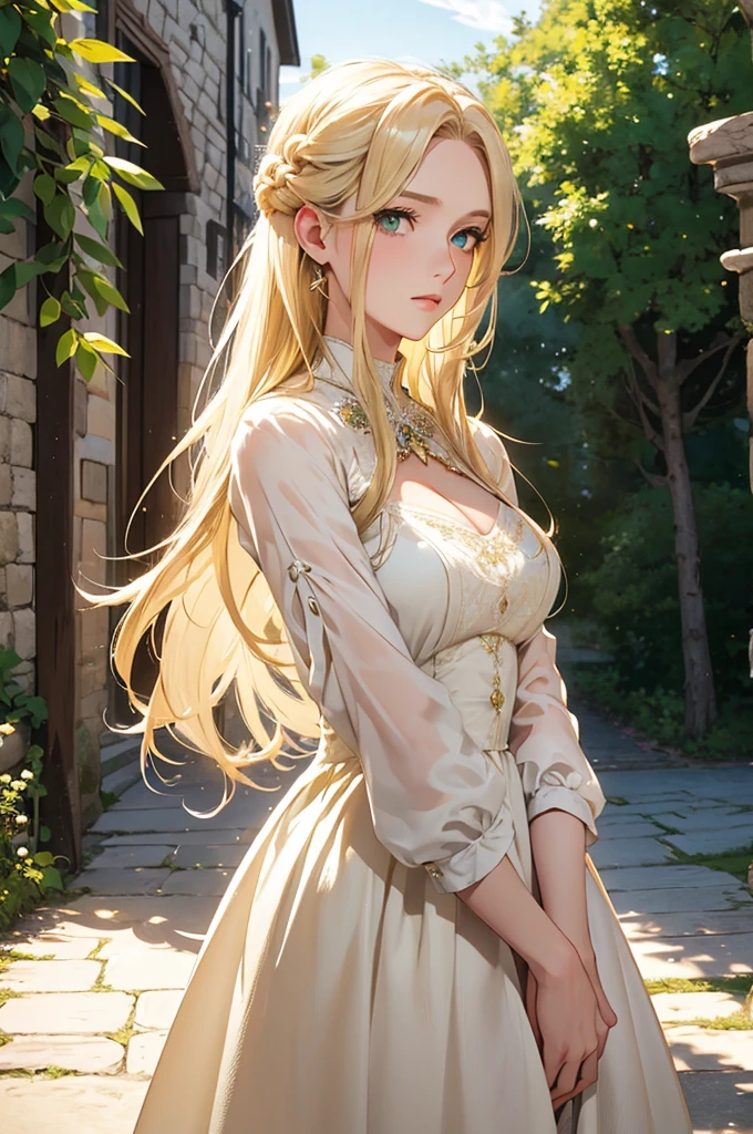 a blond, Long hair, Yellow-green eyes, Woman in her 20s, Gentle Face, White dress, (A masterpiece:1.2), Best Quality, high resolucion, Unity 8k wallpaper, (Illustration:1.0), beautiful detail, beautiful woman, glittering, medieval village_Background with, Solo, perfect light, Extremely detailed CG